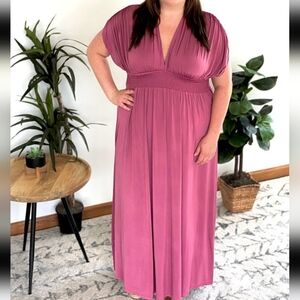 Emerald 1X Mauve Deep V-Neck Maxi w/ Ruching around waist